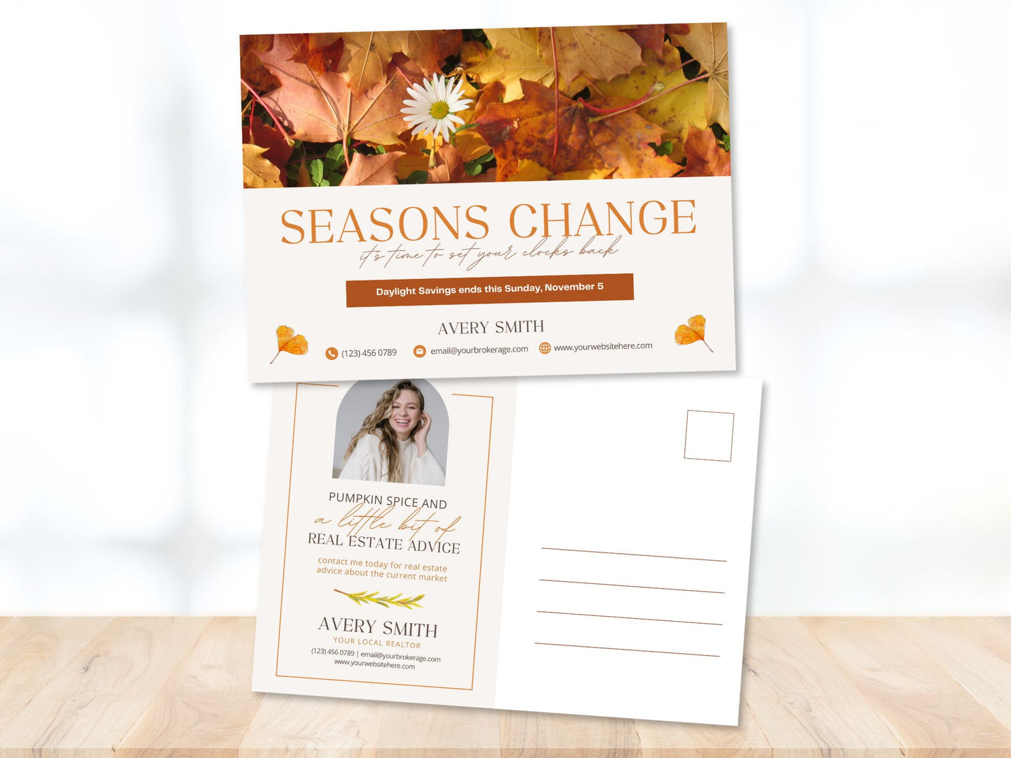 Real Estate Fall Daylight Saving Time Postcard - Eye-catching design for sharing seasonal greetings and reminding clients about the time change, reinforcing your presence in the real estate market.