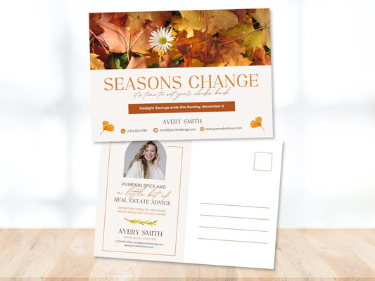 Real Estate Fall Daylight Saving Time Postcard - Eye-catching design for sharing seasonal greetings and reminding clients about the time change, reinforcing your presence in the real estate market.