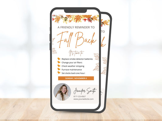 Real Estate Fall Back Digital Card Vol 01 - Eye-catching design for reminding clients about the time change and seamlessly integrating your real estate branding in the autumn season.