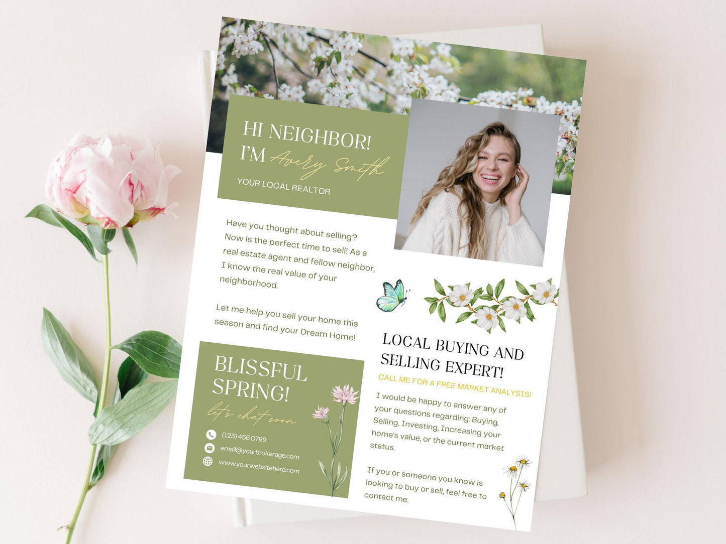 Spring Hello Neighbor Flyer - Professionally designed real estate flyer welcoming the season and showcasing property listings.