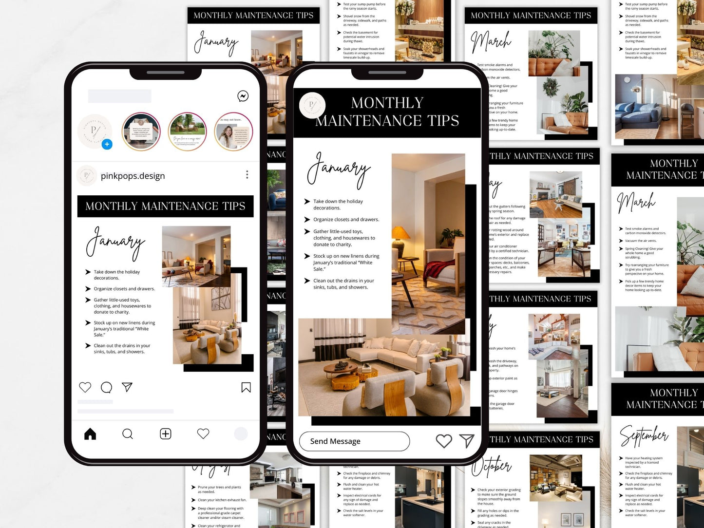 Monthly Maintenance Tips Instagram Post & Stories - Beautifully designed templates with home maintenance advice.