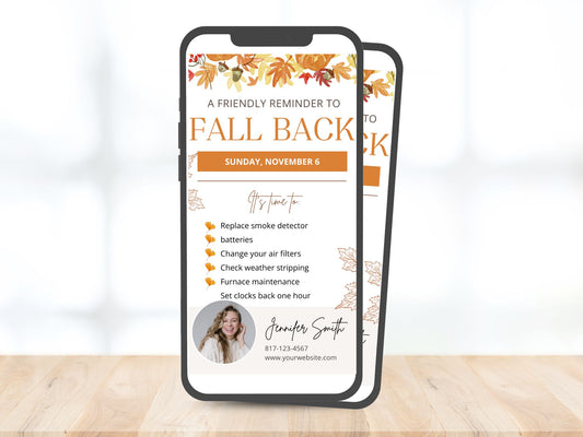 Real Estate Fall Back Digital Card Vol 02 - Visually appealing design for reminding clients about the time change and incorporating your real estate branding in the autumn season.