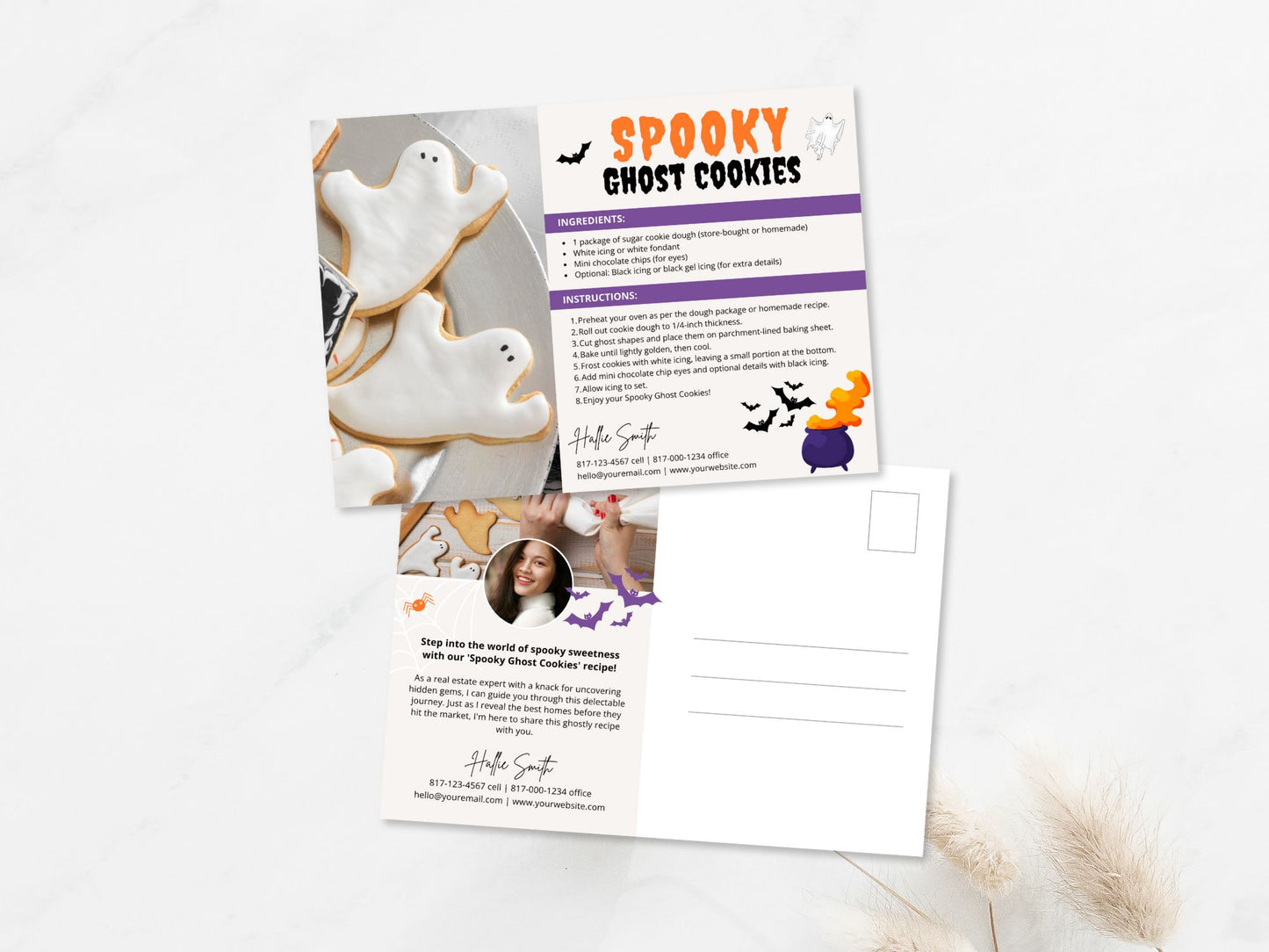 Real Estate Spooky Ghost Cookies Halloween Recipe Postcard - Delightful postcard featuring a fun and easy recipe for spooky ghost cookies, creating a memorable and engaging way to express seasonal greetings during Halloween