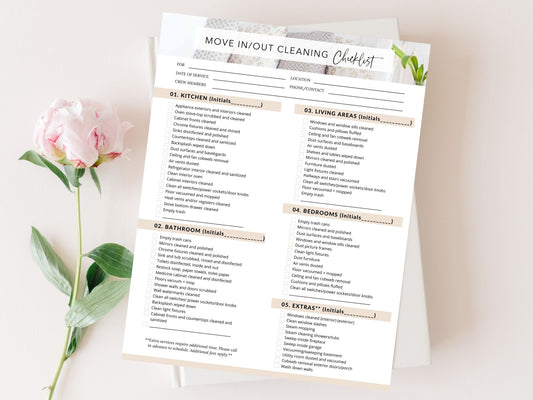 Move In and Out Cleaning Checklist - Editable template for ensuring a thorough and organized cleaning process during move-ins and move-outs, facilitating seamless transitions and a fresh start.