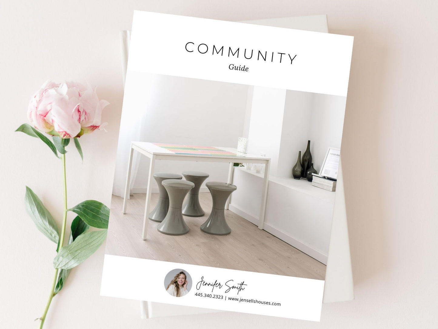 Minimal Community Guide template for real estate agents showcasing local amenities and
neighborhood highlights.