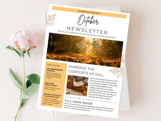 Real Estate Minimal October Newsletter 2023 - Clean and concise newsletter template for simplifying October communications, delivering important updates, expressing seasonal greetings, and maintaining a professional connection with your real estate audience.