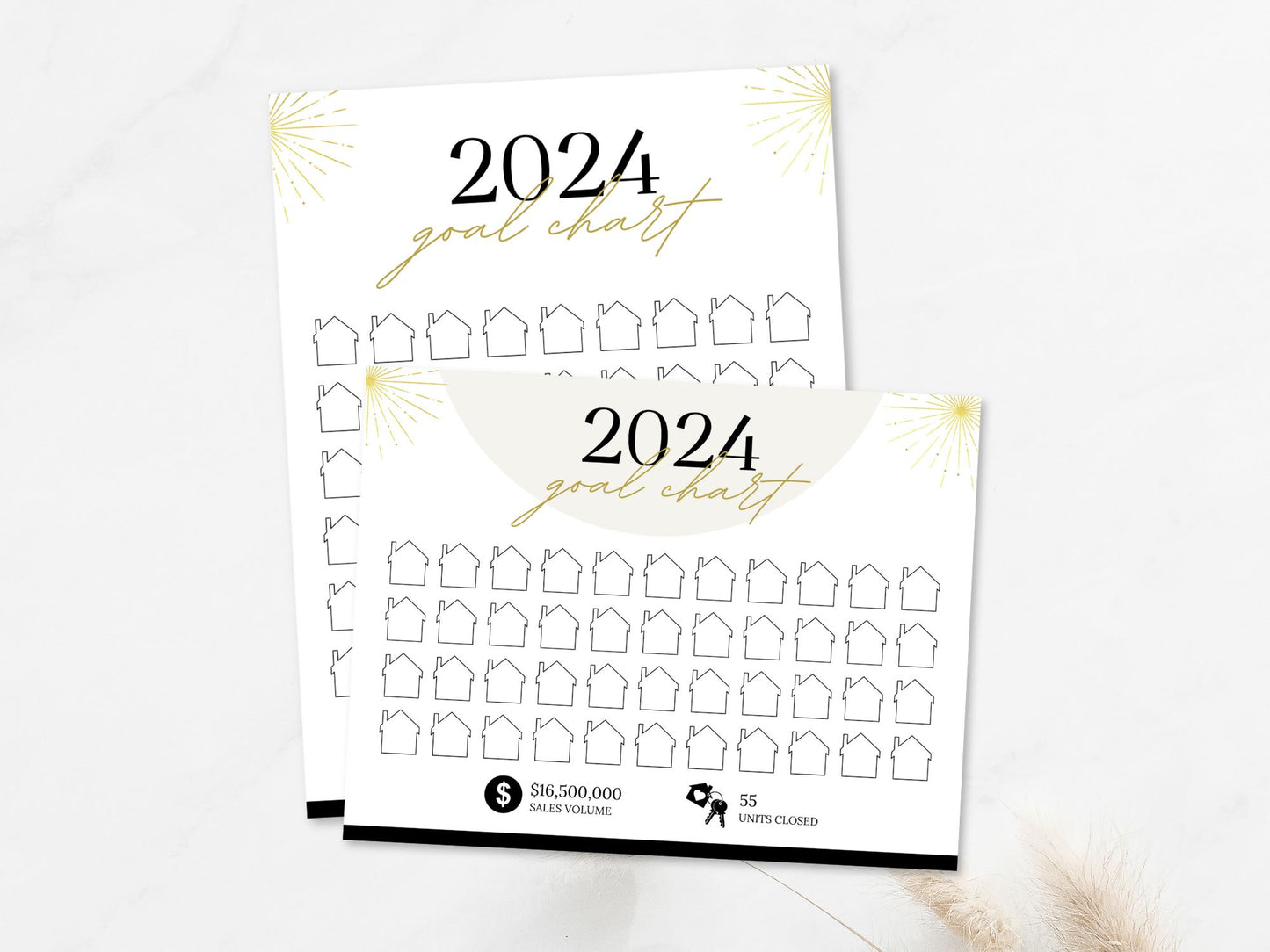 Real Estate Gold 2024 Realtor Goal Chart - Eye-catching chart for goal setting and tracking in a luxurious gold theme, providing a stylish and motivational tool for achieving real estate milestones.