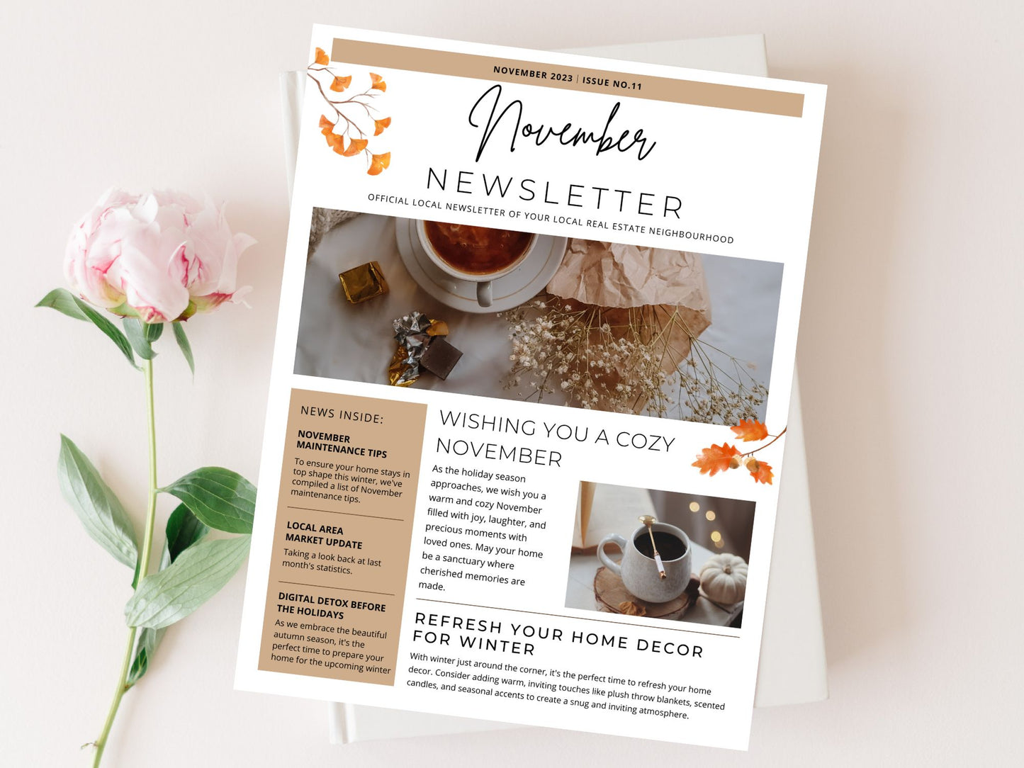 Real Estate Minimal November Newsletter 2023 - Clean and concise newsletter template for delivering important updates and seasonal greetings in a professional and engaging manner.