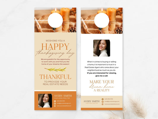 Real Estate Thanksgiving Door Hanger Vol 01 - Beautifully crafted door hanger for connecting with neighbors and clients, blending festive design with expressions of gratitude during the Thanksgiving holiday season.