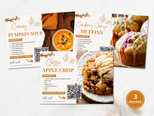 Real Estate Fall Recipe Postcard Bundle - Delightful bundle combining autumnal design with flavorful recipes for a unique and engaging way to express seasonal greetings and foster connections with clients during the fall season.
