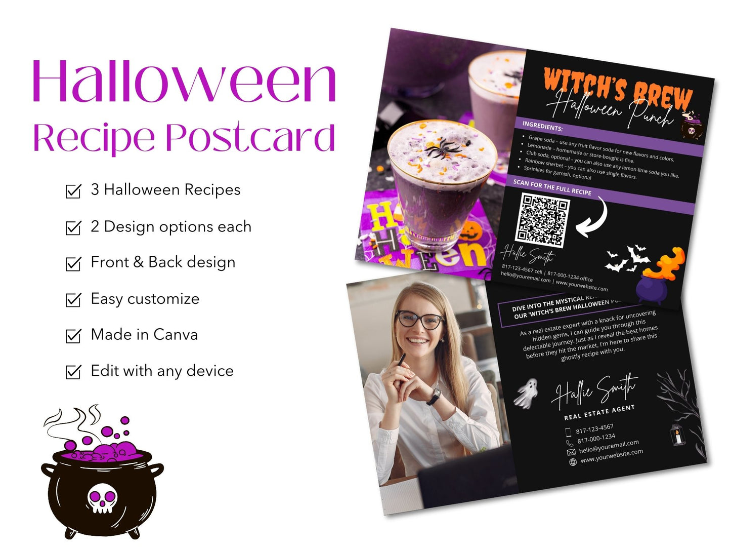 Real Estate Halloween Recipe Postcard Bundle - Delightful bundle combining spooky design with mouthwatering recipes for a unique and engaging way to express seasonal greetings and foster connections with clients during the Halloween season.