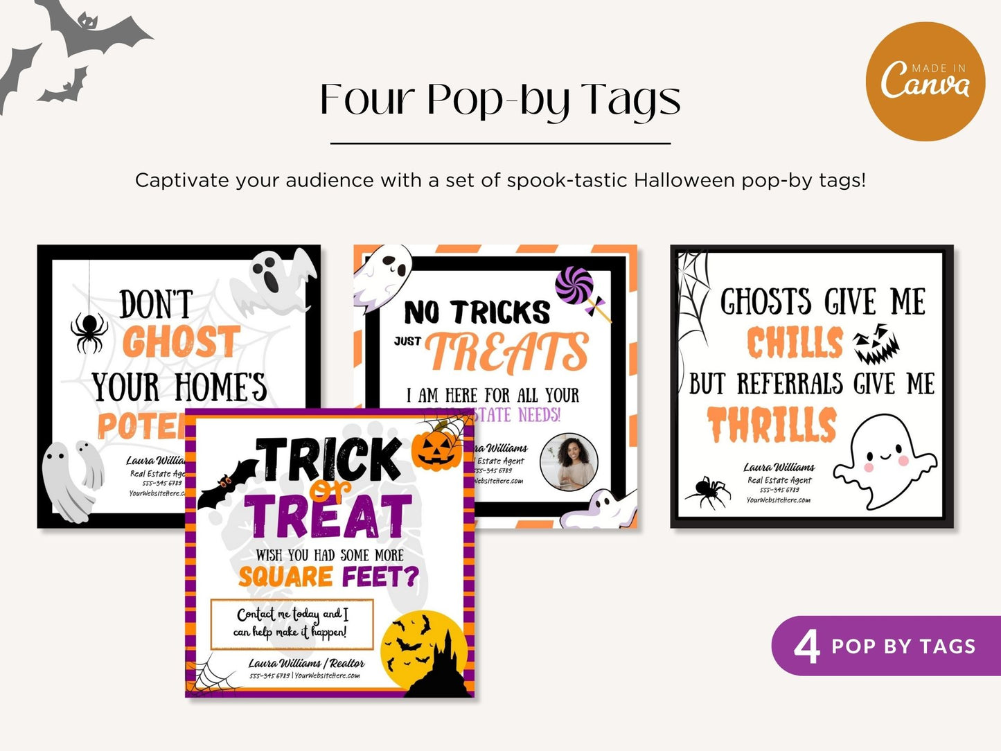 Real Estate Halloween Pop By Tags Bundle - Comprehensive bundle of creatively designed tags for adding a festive touch to your pop-by gifts and making a memorable connection with clients during the Halloween season.
