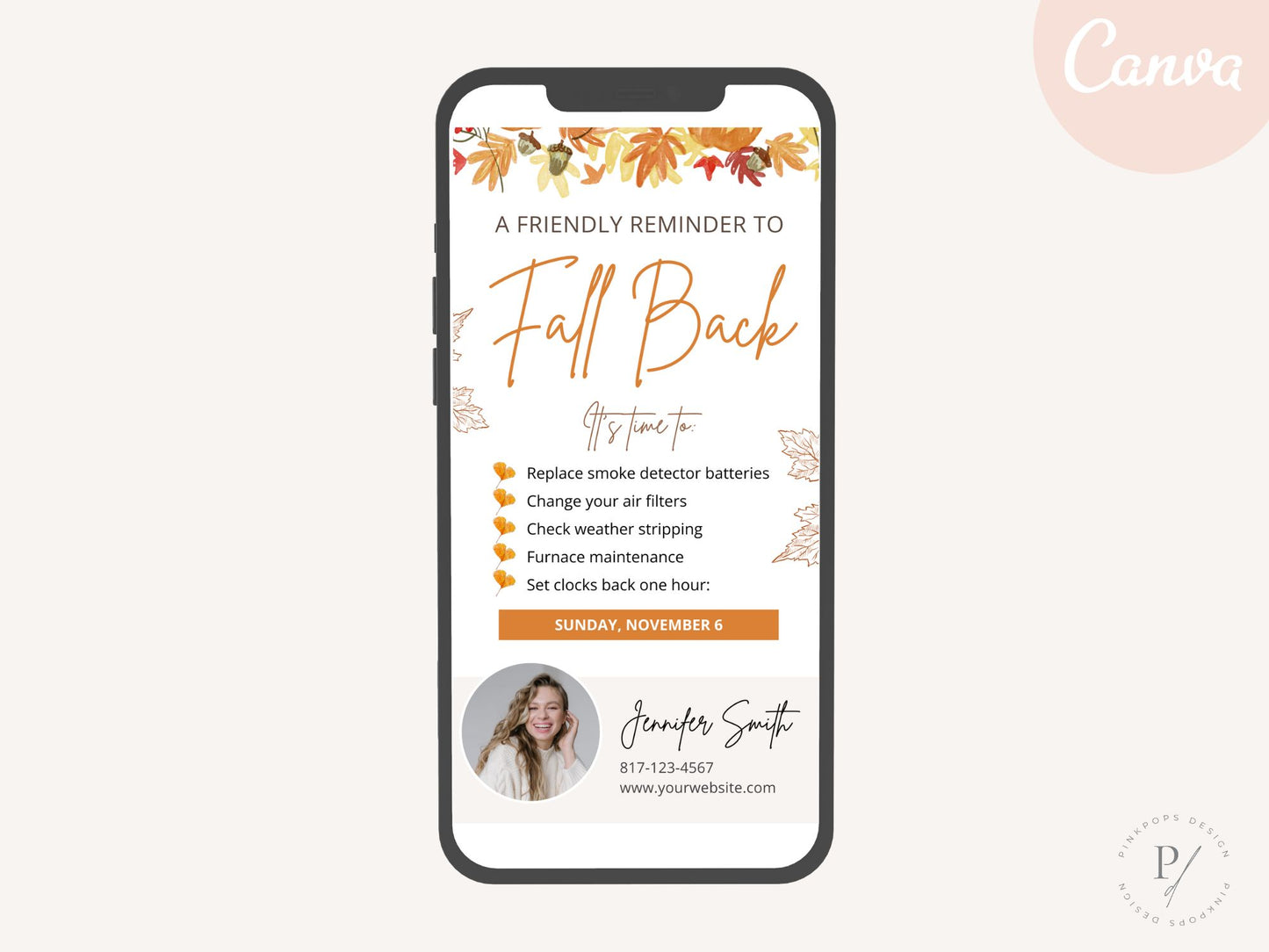 Real Estate Fall Back Digital Card Vol 01 - Eye-catching design for reminding clients about the time change and seamlessly integrating your real estate branding in the autumn season.