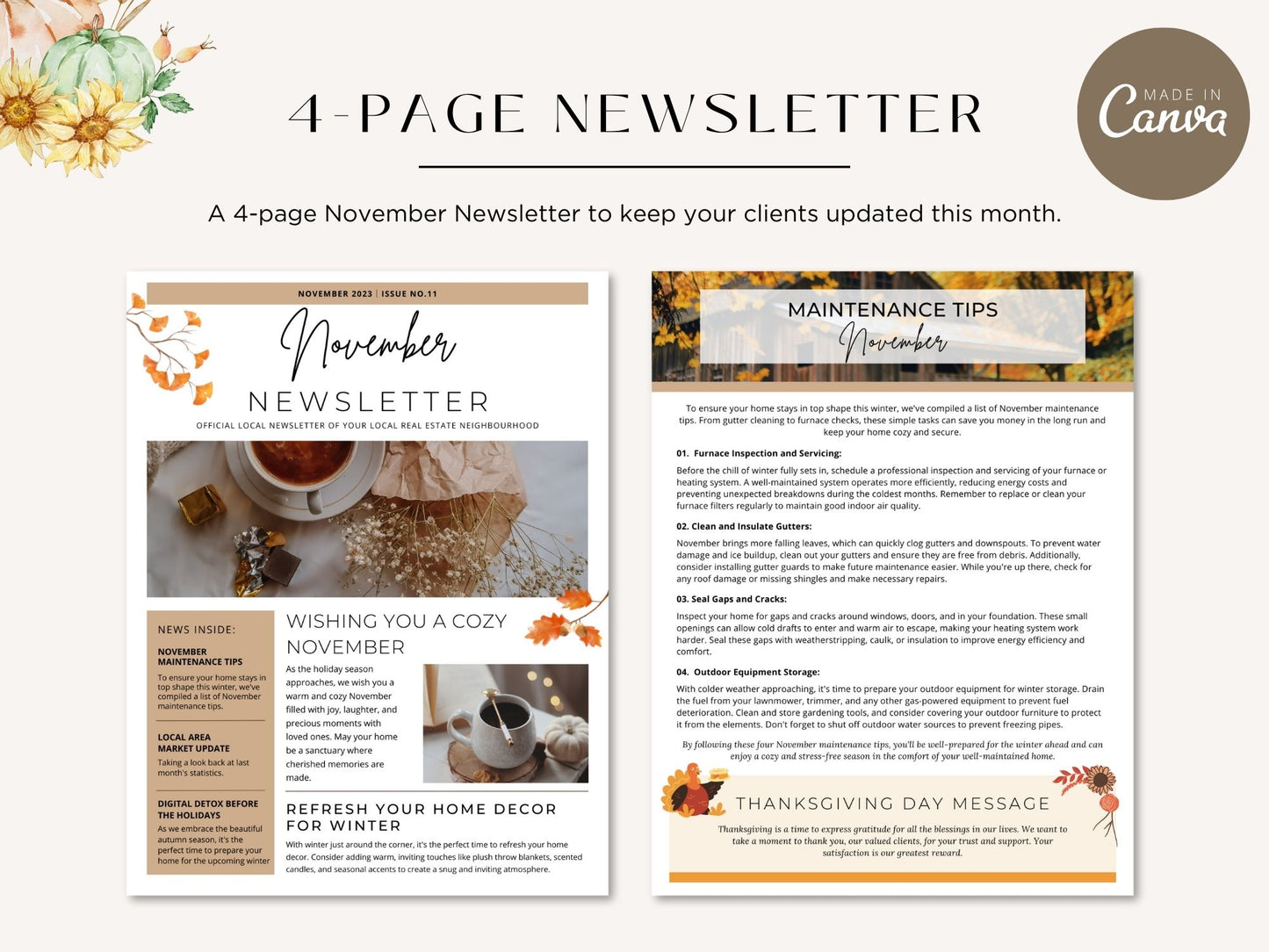 Real Estate Minimal November Newsletter 2023 - Clean and concise newsletter template for delivering important updates and seasonal greetings in a professional and engaging manner.