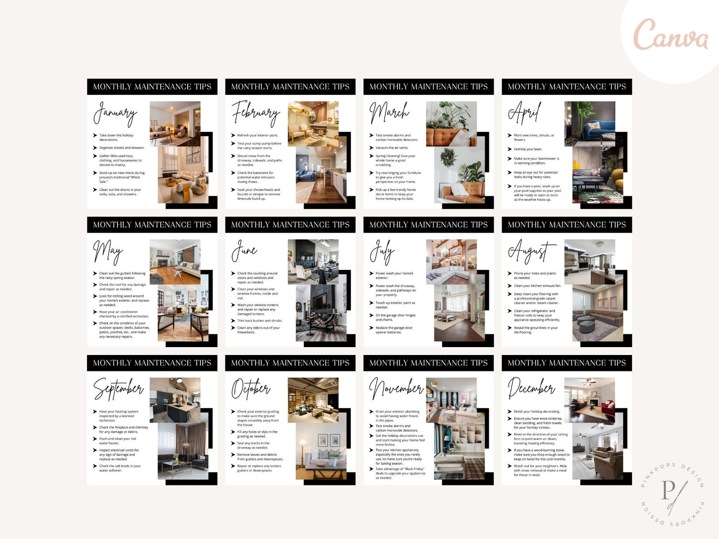 Monthly Maintenance Tips Instagram Post & Stories - Beautifully designed templates with home maintenance advice.