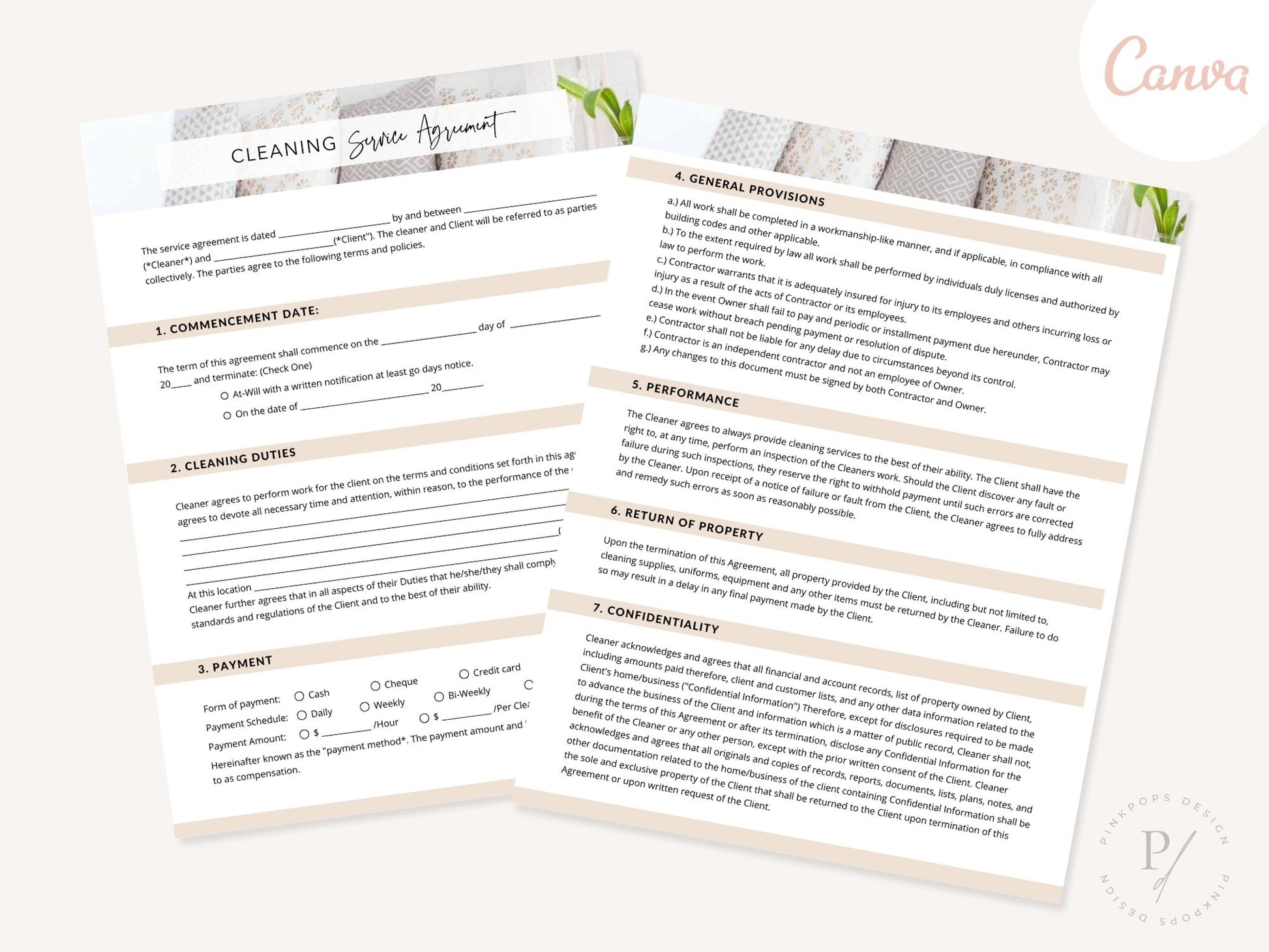 Cleaning Service Agreement - Editable template for establishing clear terms and expectations, fostering a transparent and professional relationship between your cleaning business and clients.