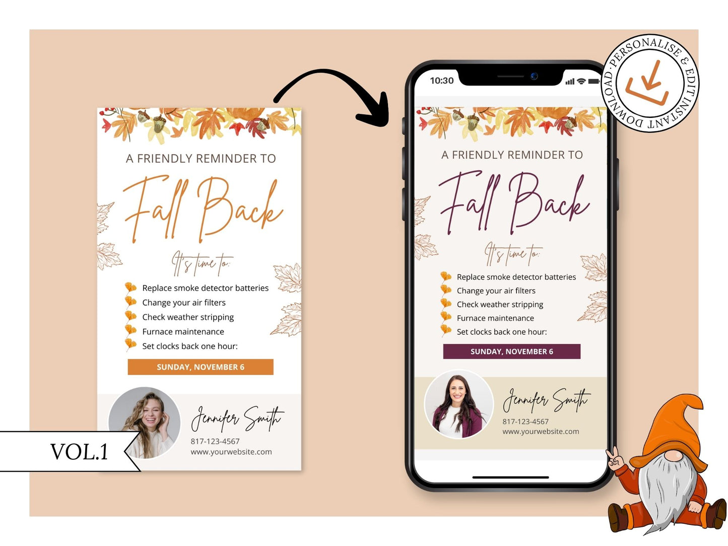 Real Estate Fall Back Digital Card Vol 01 - Eye-catching design for reminding clients about the time change and seamlessly integrating your real estate branding in the autumn season.