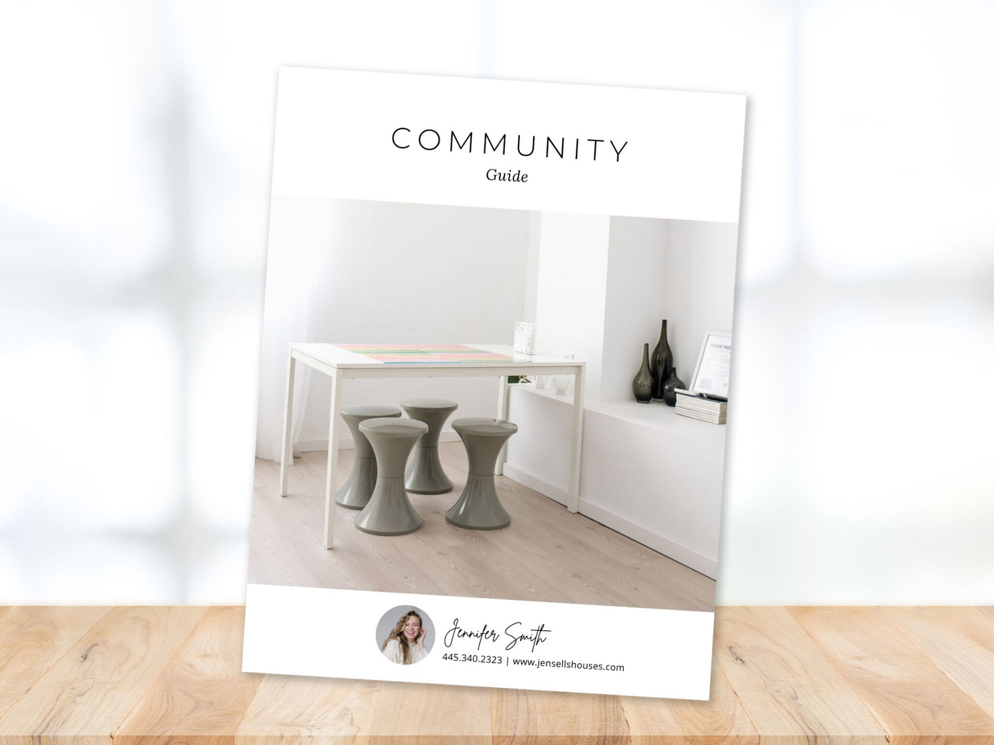 Minimal Community Guide template for real estate agents showcasing local amenities and
neighborhood highlights.