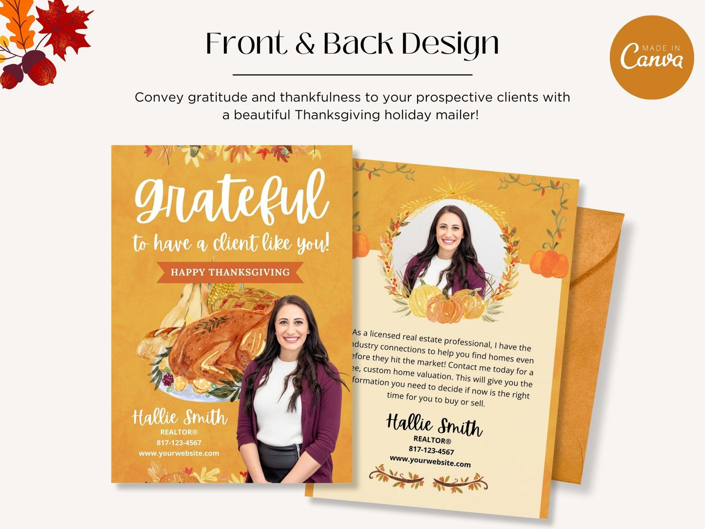 Real Estate Thanksgiving Mailer - Professionally crafted mailer with festive design and expressions of gratitude for a warm and personalized way to connect with clients and extend seasonal greetings
