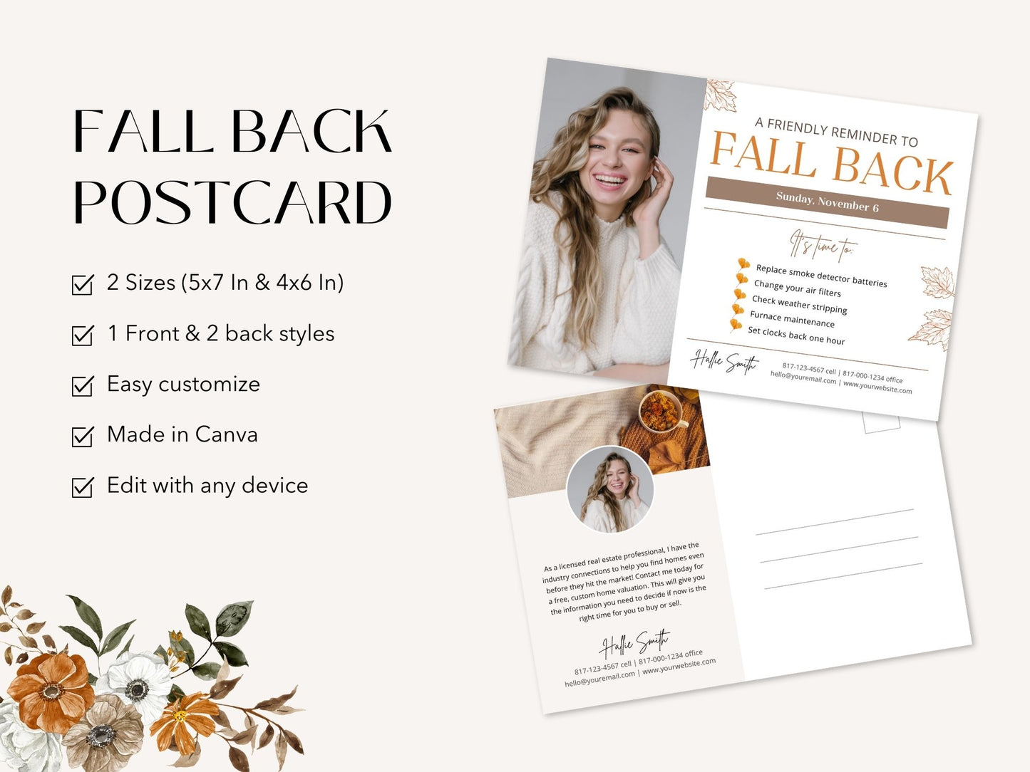 Real Estate Fall Back Postcard Vol 02 - Captivating design for reminding clients about the time change and showcasing your real estate brand in the autumn season.