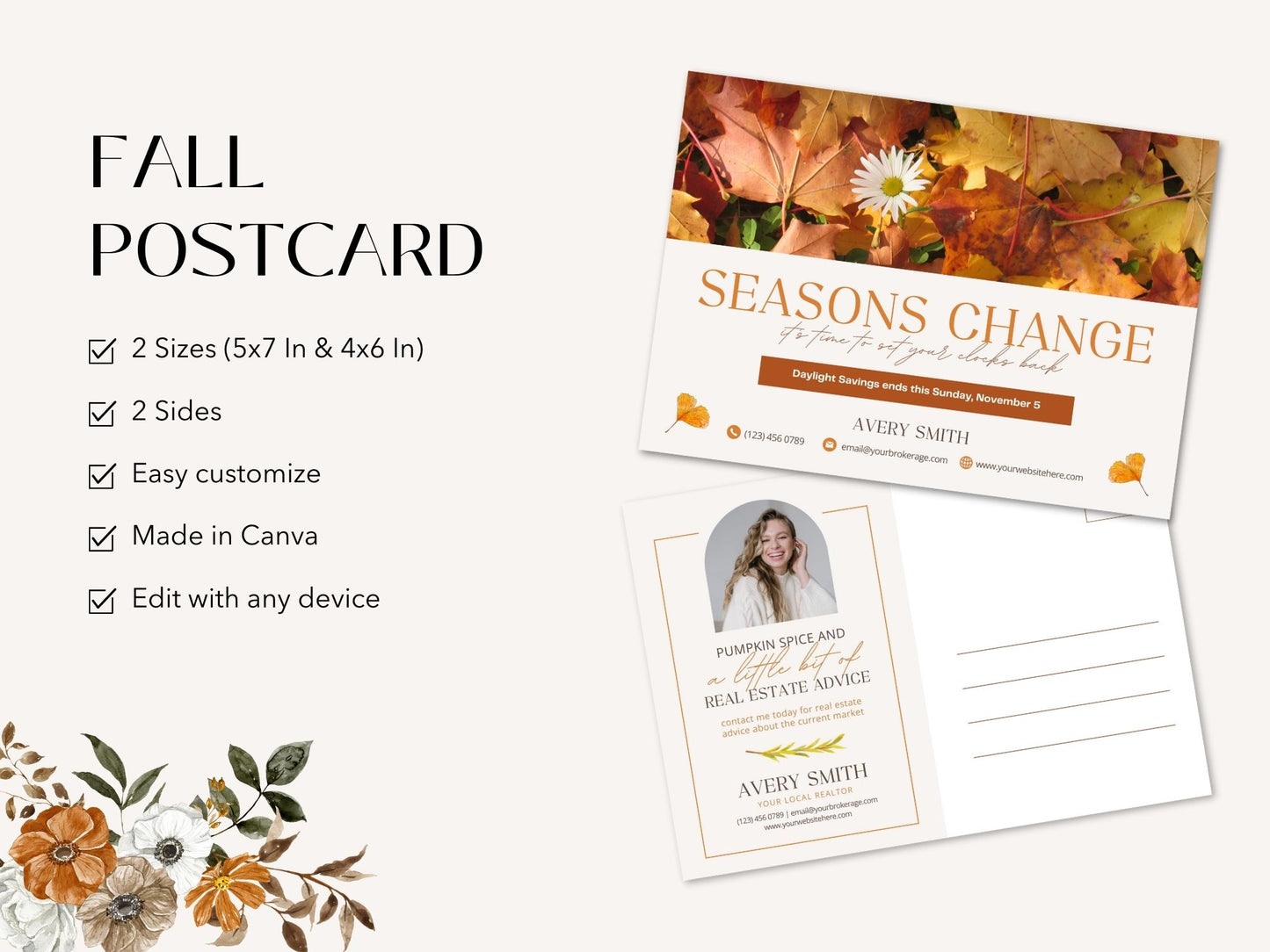 Real Estate Fall Daylight Saving Time Postcard - Eye-catching design for sharing seasonal greetings and reminding clients about the time change, reinforcing your presence in the real estate market.