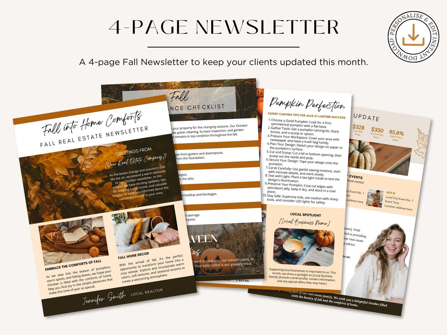 Real Estate Modern Fall Real Estate Newsletter 2023 - Elegantly designed newsletter template for immersing clients in the beauty of fall, sharing updates, expressing gratitude, and connecting with your real estate audience.
