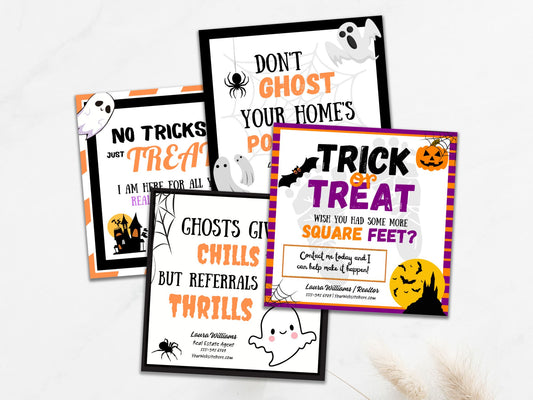Real Estate Halloween Pop By Tags Bundle - Comprehensive bundle of creatively designed tags for adding a festive touch to your pop-by gifts and making a memorable connection with clients during the Halloween season.