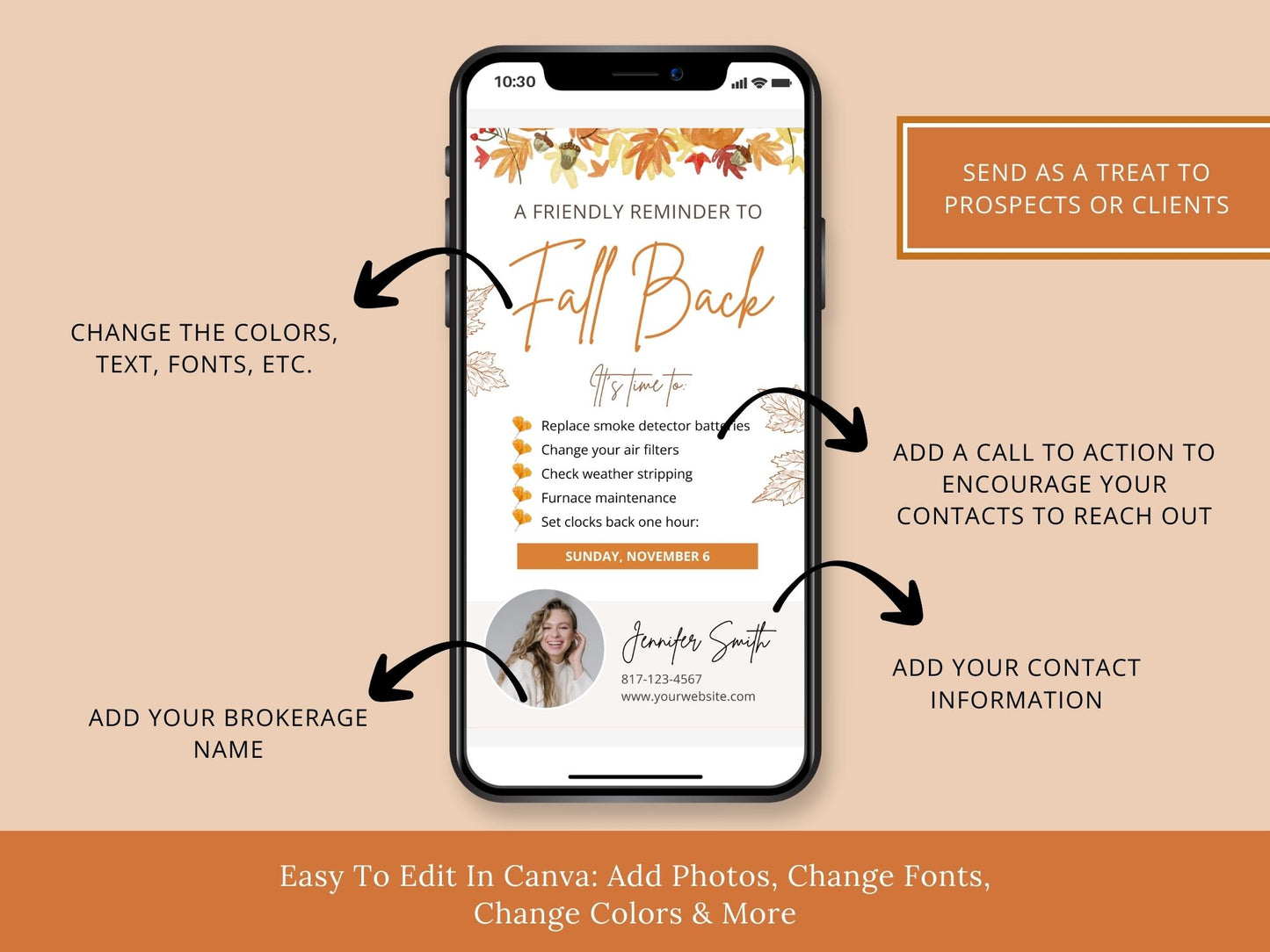 Real Estate Fall Back Digital Card Vol 01 - Eye-catching design for reminding clients about the time change and seamlessly integrating your real estate branding in the autumn season.