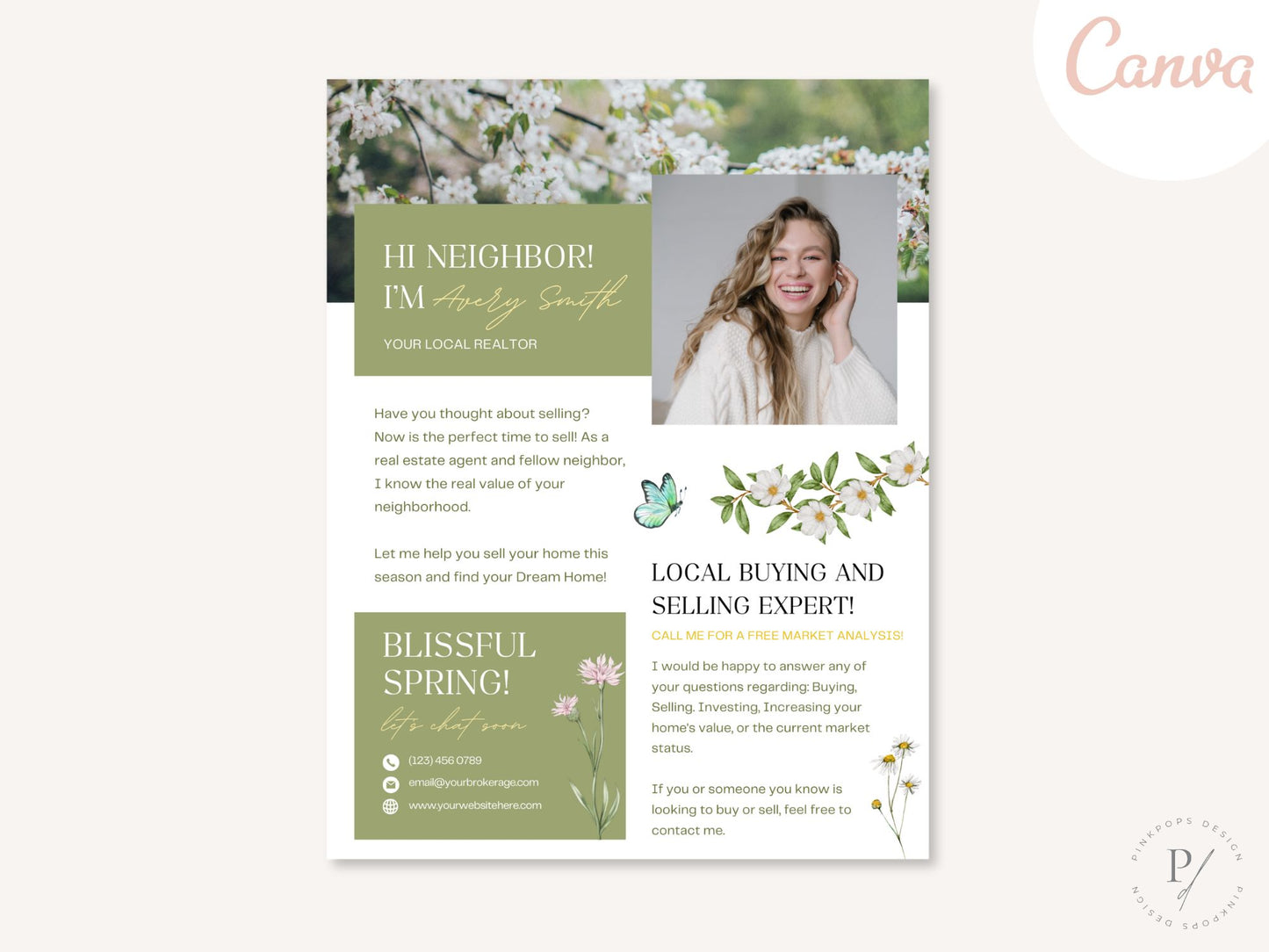 Spring Hello Neighbor Flyer - Professionally designed real estate flyer welcoming the season and showcasing property listings.
