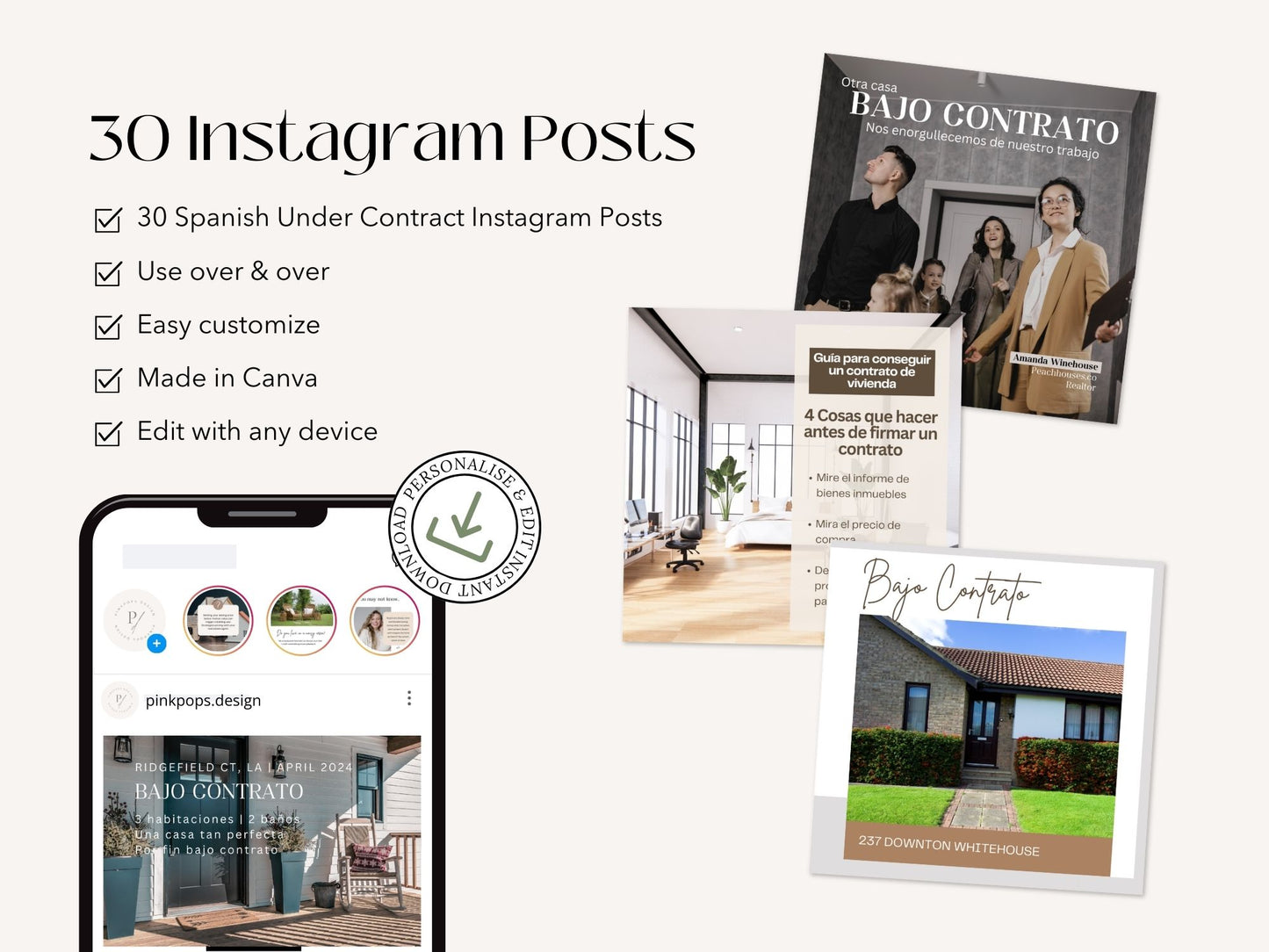 Spanish Under Contract Instagram Posts Vol 01- Templates for sharing under contract properties with Spanish-speaking clients.