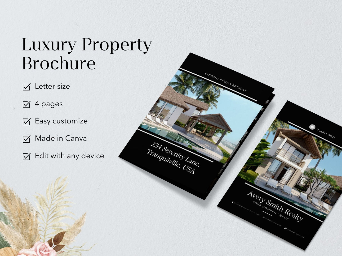 Real Estate Black Luxury Property Brochure - Sleek and sophisticated design showcasing premium properties in an elegant black theme, making it a standout marketing tool for luxury real estate presentations.