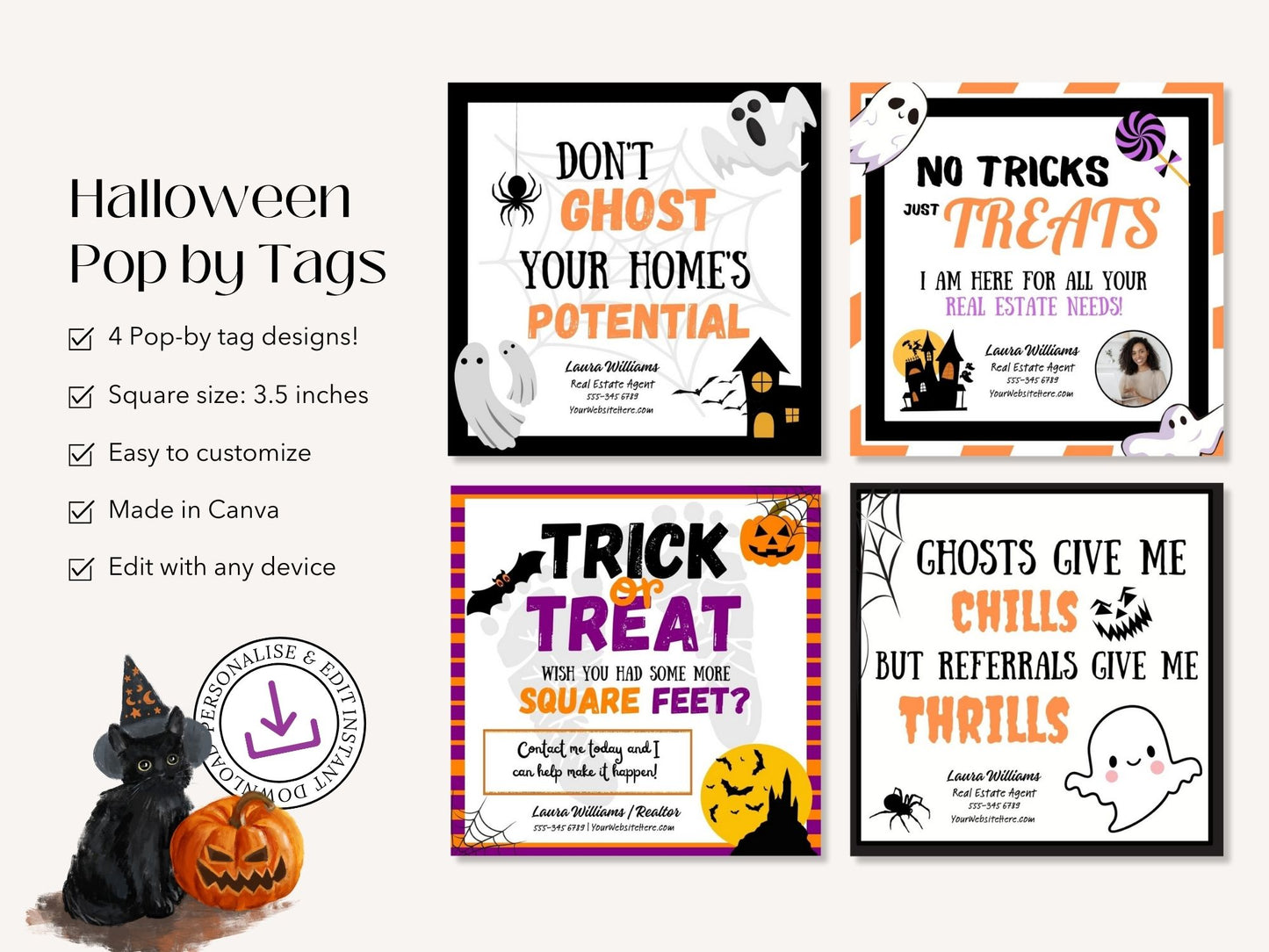 Real Estate Halloween Pop By Tags Bundle - Comprehensive bundle of creatively designed tags for adding a festive touch to your pop-by gifts and making a memorable connection with clients during the Halloween season.