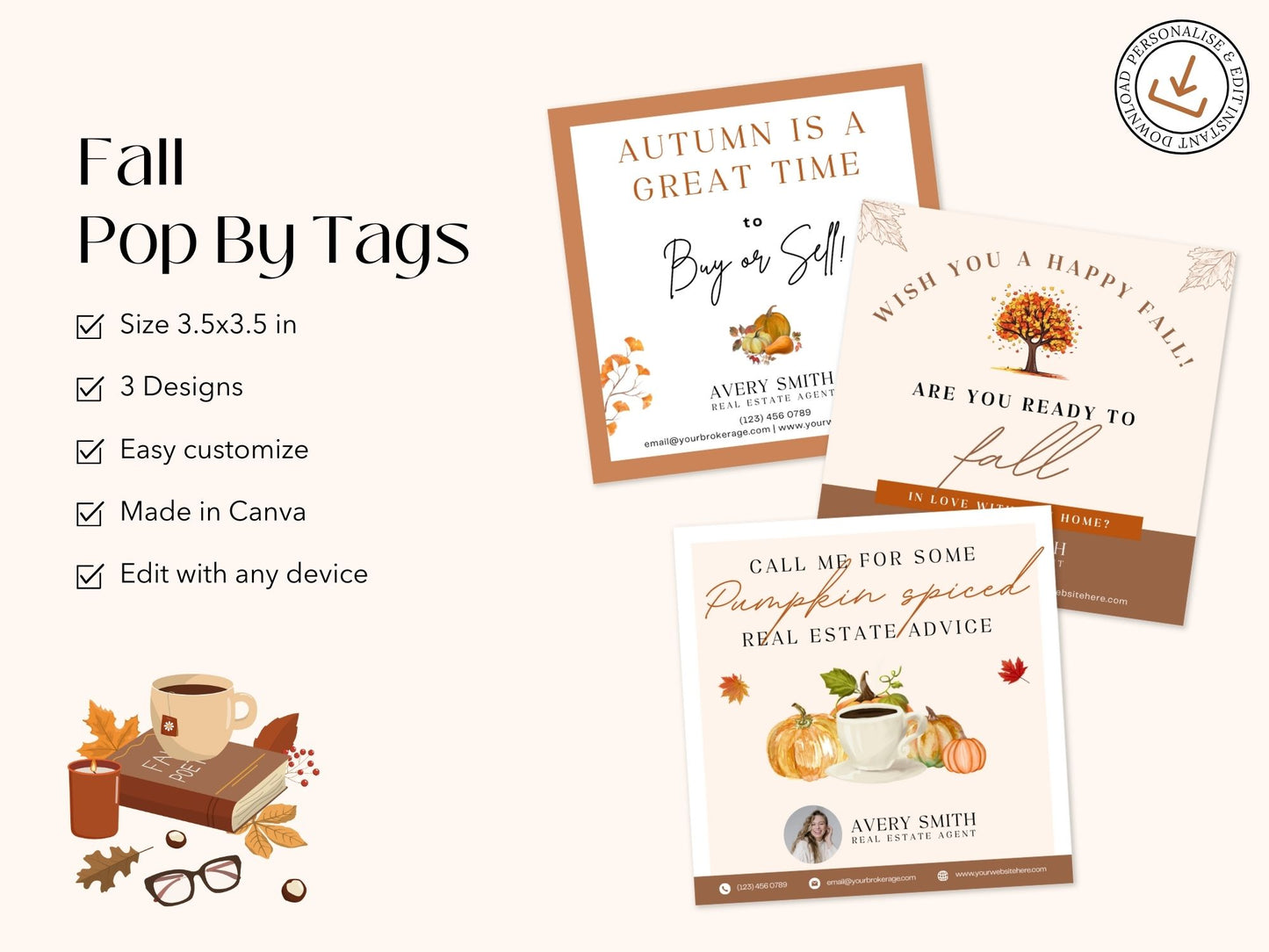 Autumn-themed pop by tags for real estate marketing and client gifts.