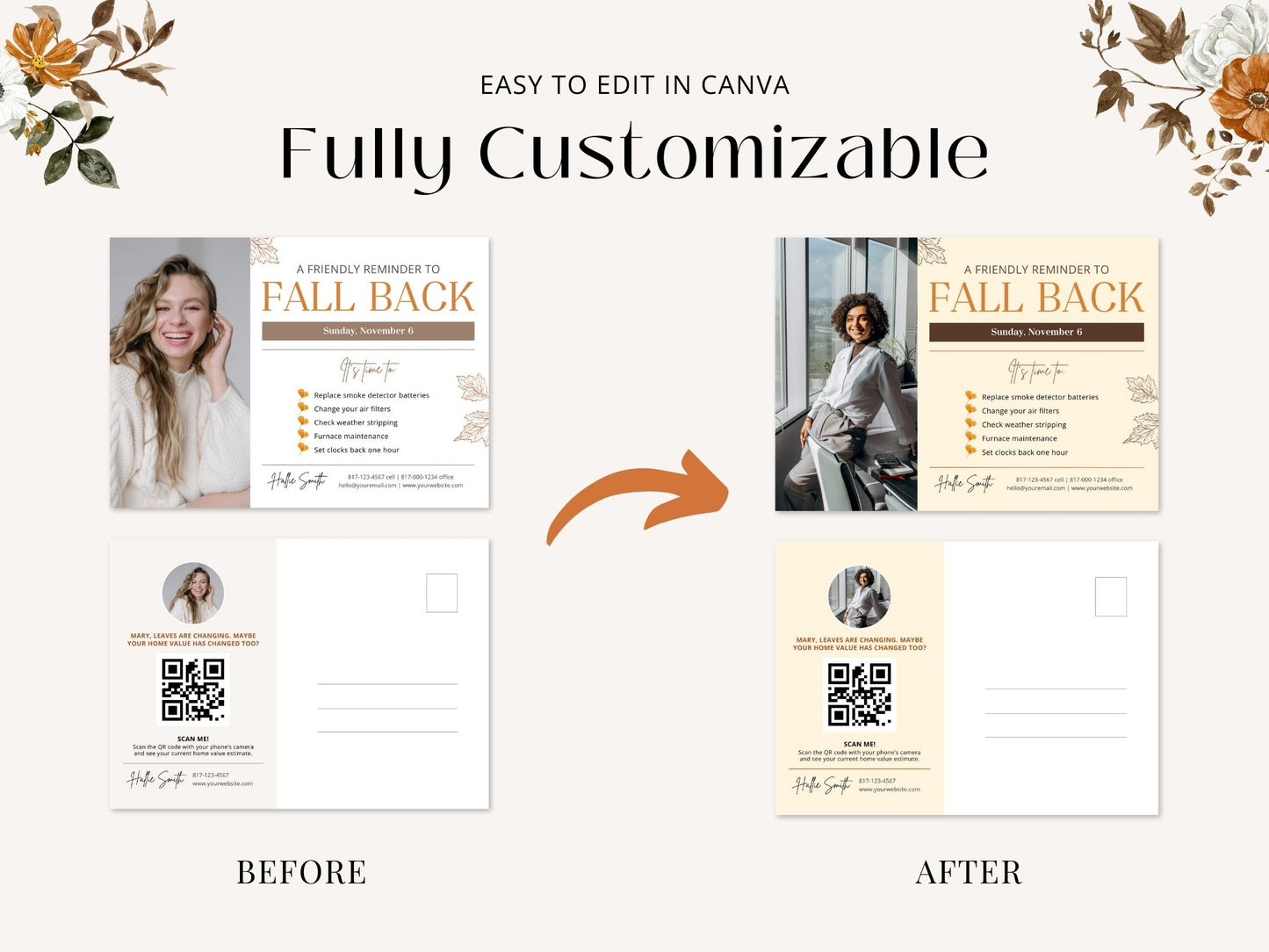 Real Estate Fall Back Postcard Vol 02 - Captivating design for reminding clients about the time change and showcasing your real estate brand in the autumn season.