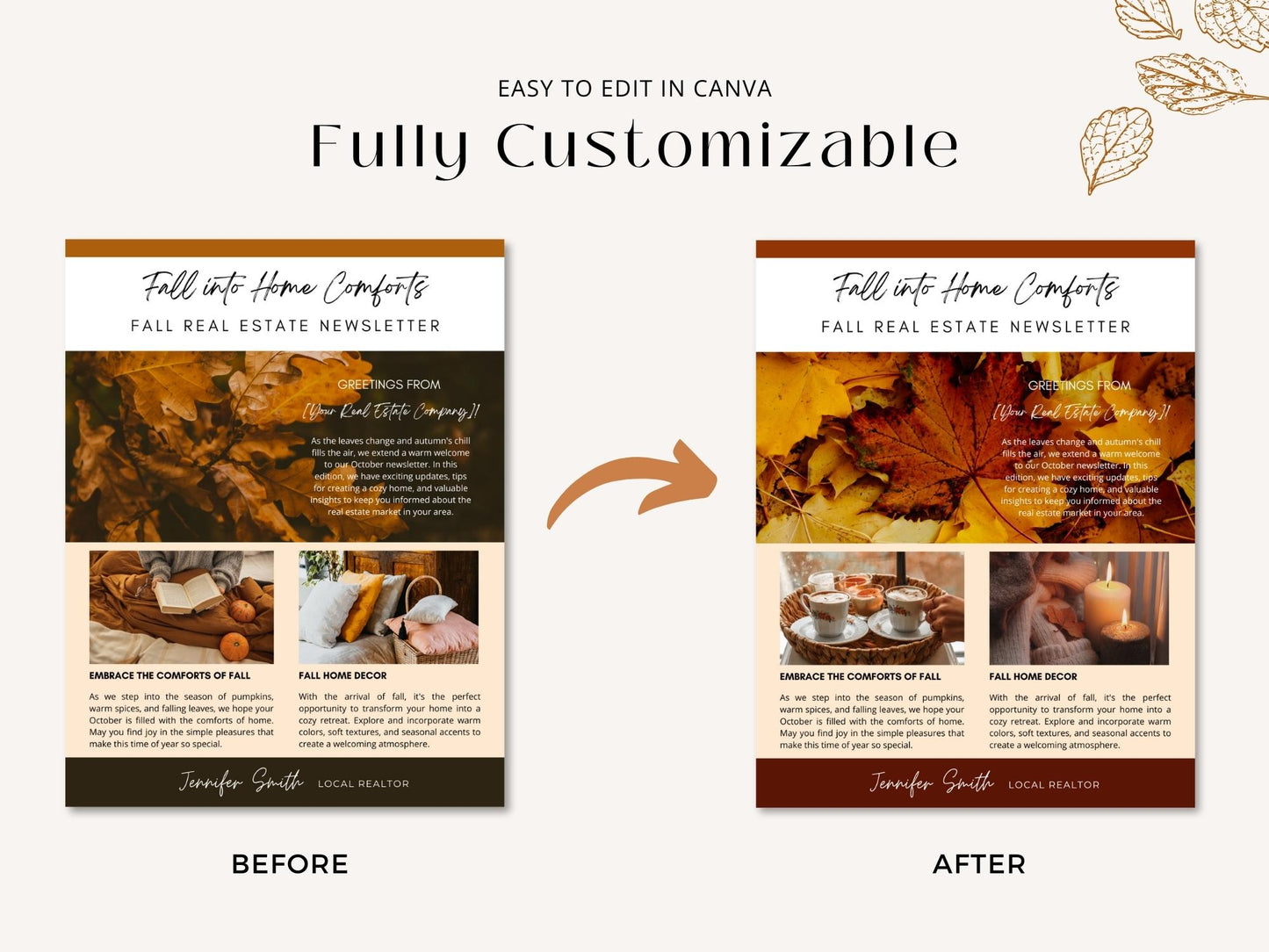 Real Estate Modern Fall Real Estate Newsletter 2023 - Elegantly designed newsletter template for immersing clients in the beauty of fall, sharing updates, expressing gratitude, and connecting with your real estate audience.