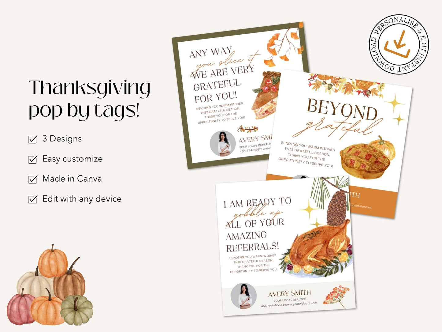 Real Estate Thanksgiving Pop By Tag Square Bundle - Personalize your pop-by gifts with these square tags, expressing gratitude and fostering connections with clients during the Thanksgiving holiday season.