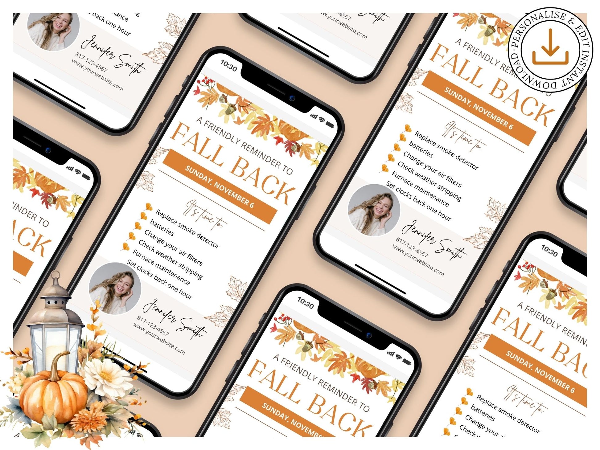 Real Estate Fall Back Digital Card Vol 02 - Visually appealing design for reminding clients about the time change and incorporating your real estate branding in the autumn season.