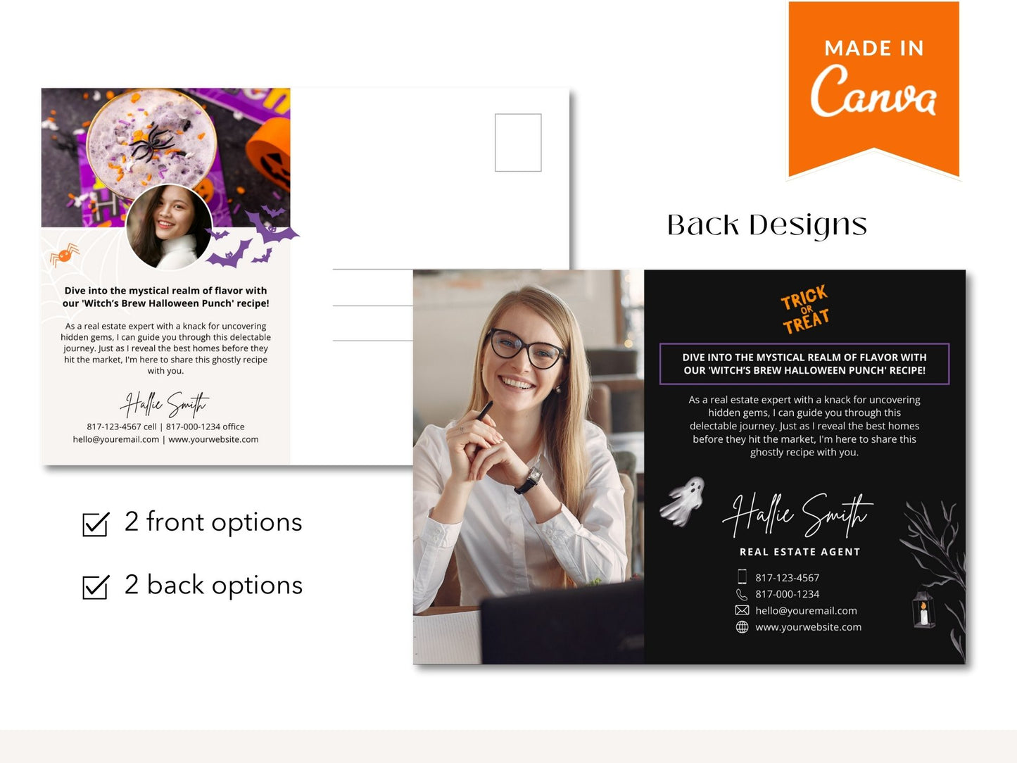 Real Estate Halloween Recipe Postcard Bundle - Delightful bundle combining spooky design with mouthwatering recipes for a unique and engaging way to express seasonal greetings and foster connections with clients during the Halloween season.