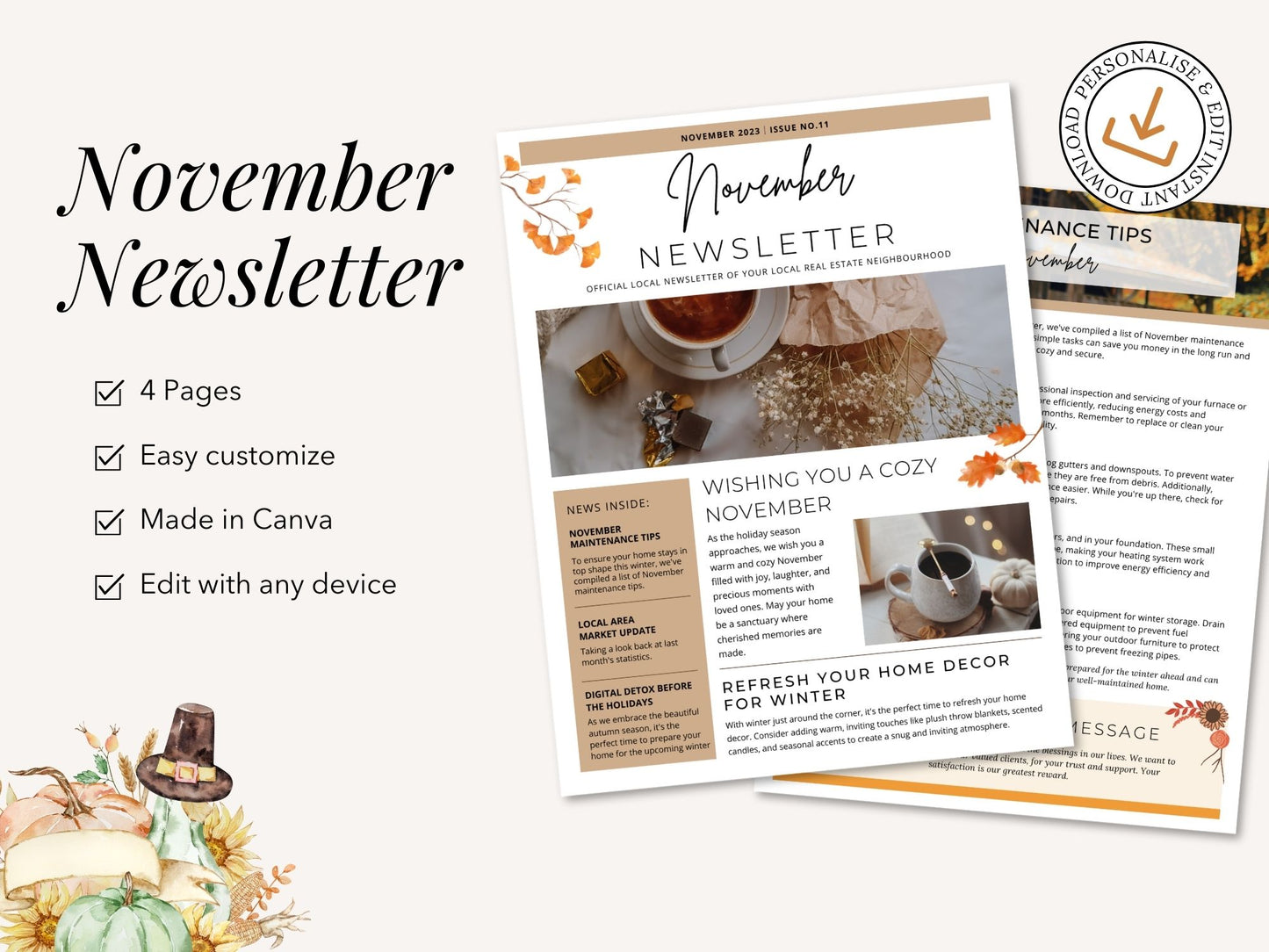 Real Estate Minimal November Newsletter 2023 - Clean and concise newsletter template for delivering important updates and seasonal greetings in a professional and engaging manner.