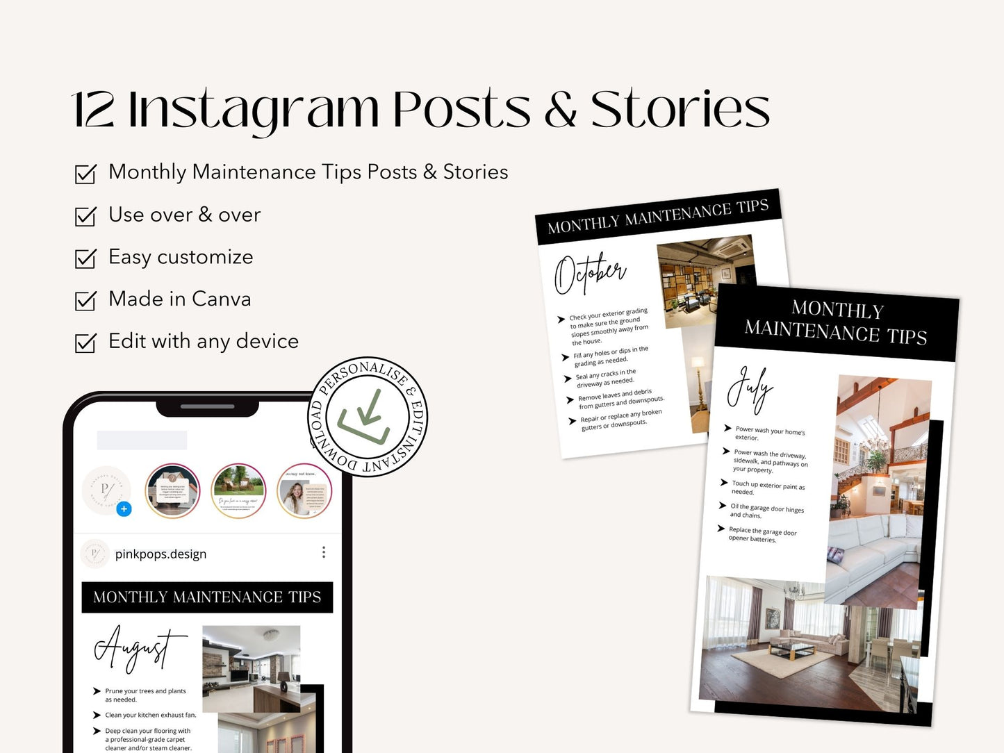 Monthly Maintenance Tips Instagram Post & Stories - Beautifully designed templates with home maintenance advice.