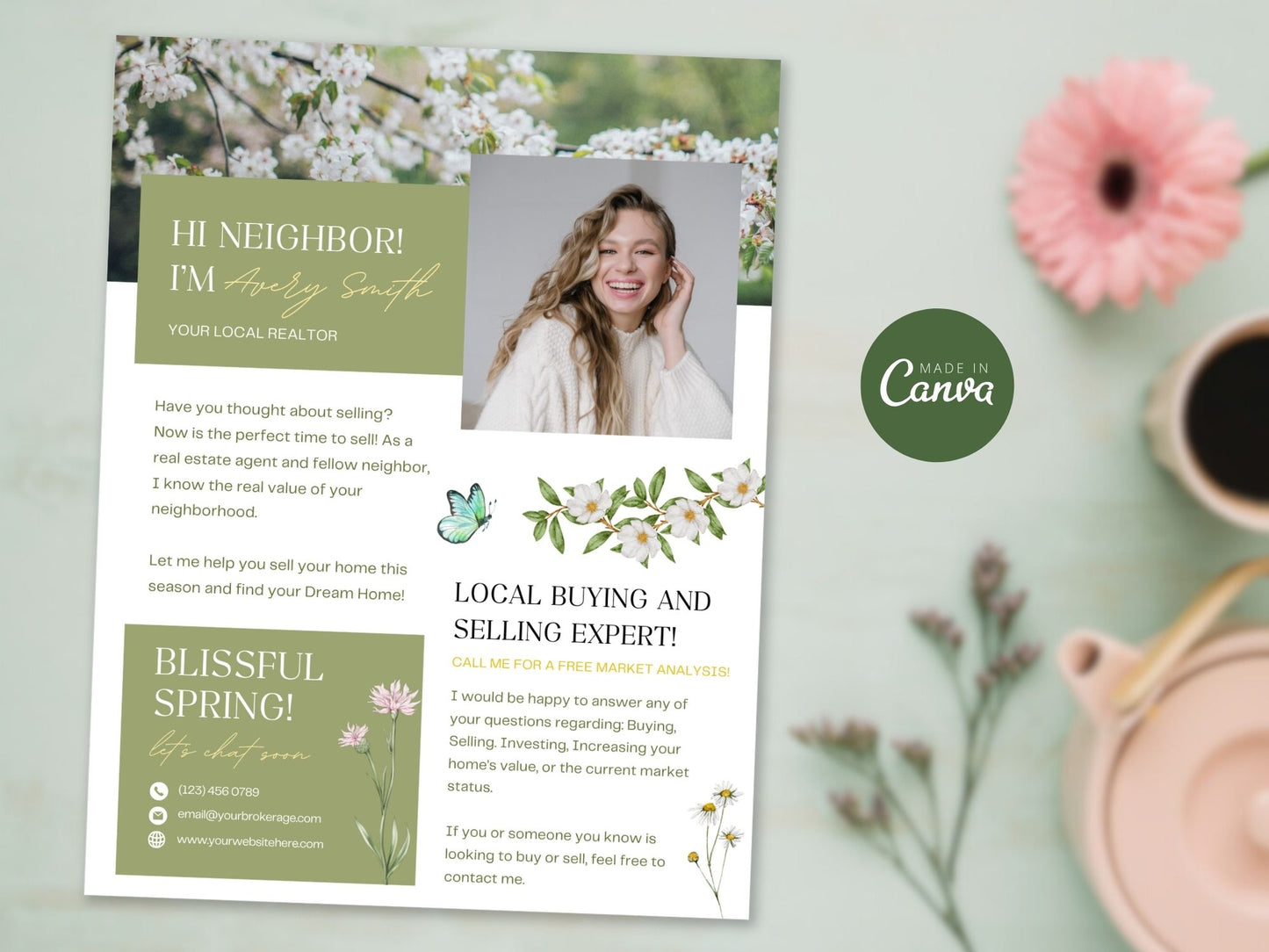 Spring Hello Neighbor Flyer - Professionally designed real estate flyer welcoming the season and showcasing property listings.