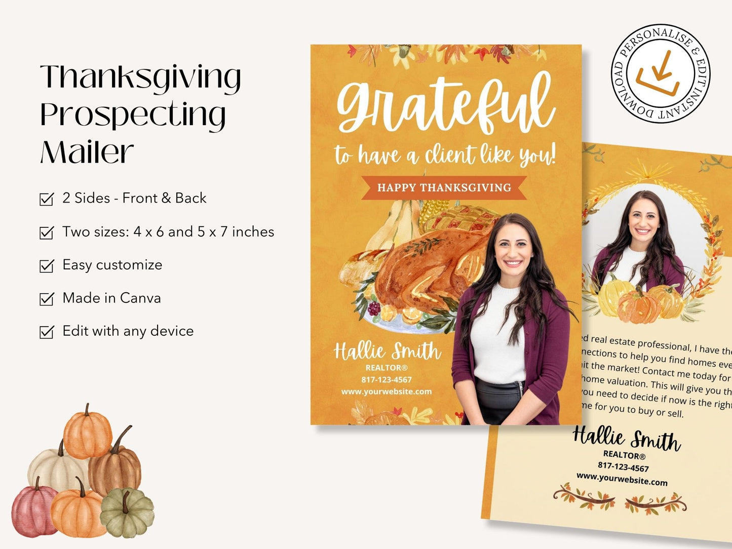 Real Estate Thanksgiving Mailer - Professionally crafted mailer with festive design and expressions of gratitude for a warm and personalized way to connect with clients and extend seasonal greetings