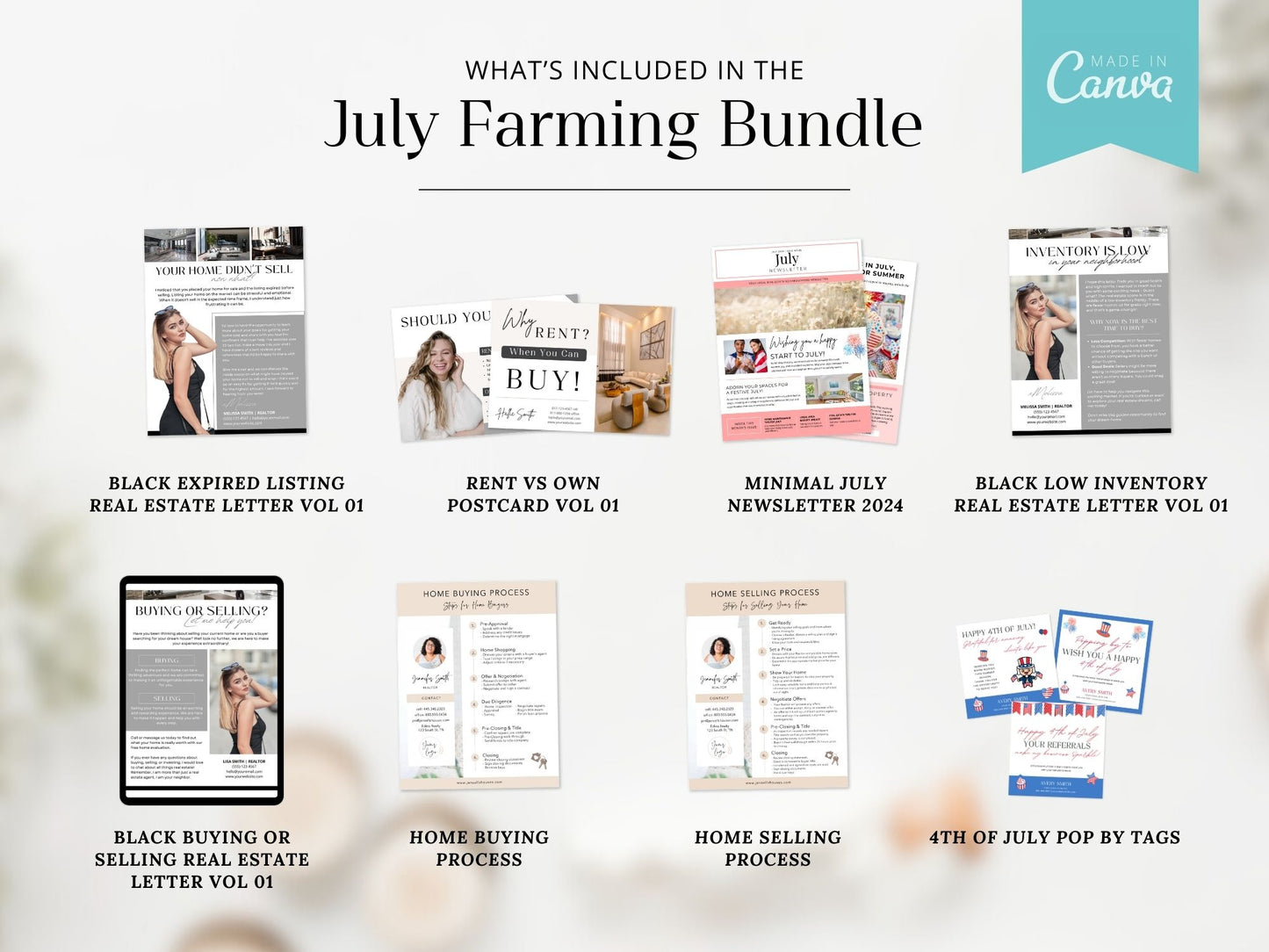 Real Estate July Farming Bundle - Comprehensive marketing materials for real estate farming campaigns.
