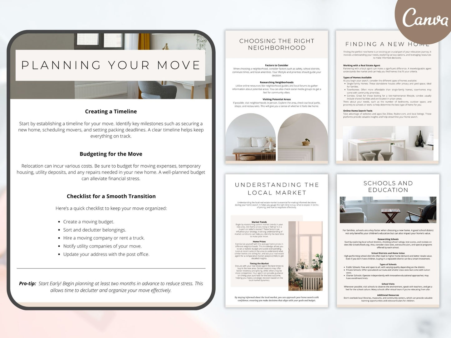 Minimal Relocating Guide template offering tips and assistance for homebuyers relocating.