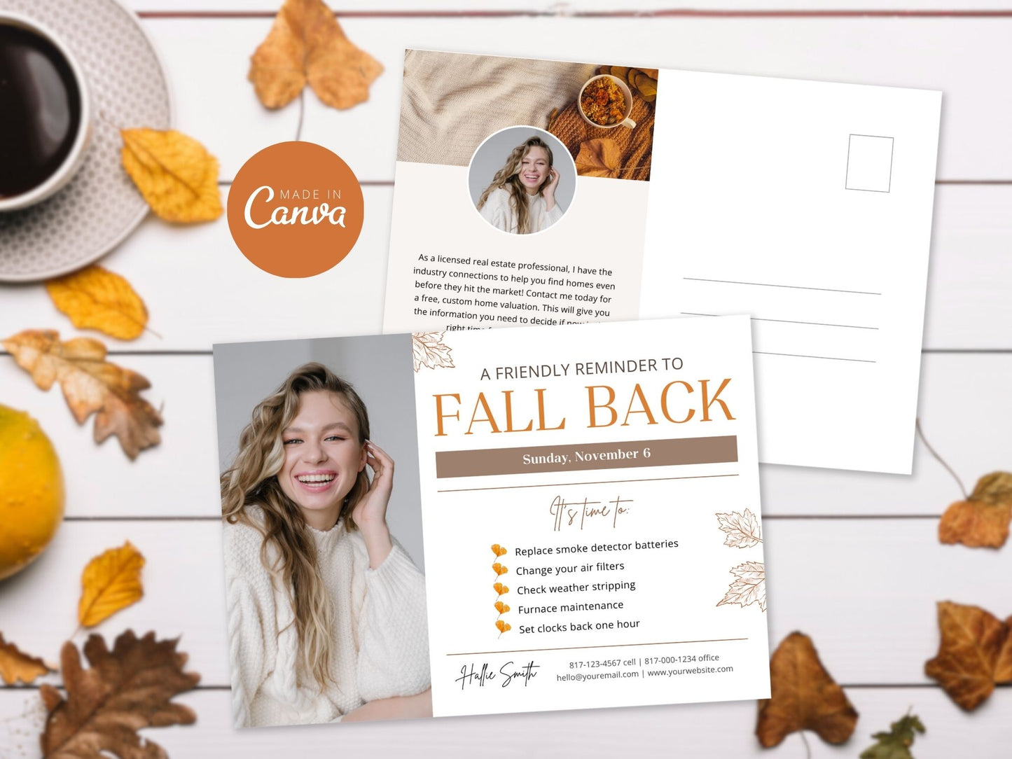 Real Estate Fall Back Postcard Vol 02 - Captivating design for reminding clients about the time change and showcasing your real estate brand in the autumn season.