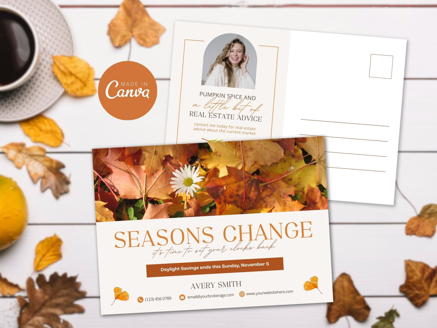 Real Estate Fall Daylight Saving Time Postcard - Eye-catching design for sharing seasonal greetings and reminding clients about the time change, reinforcing your presence in the real estate market.