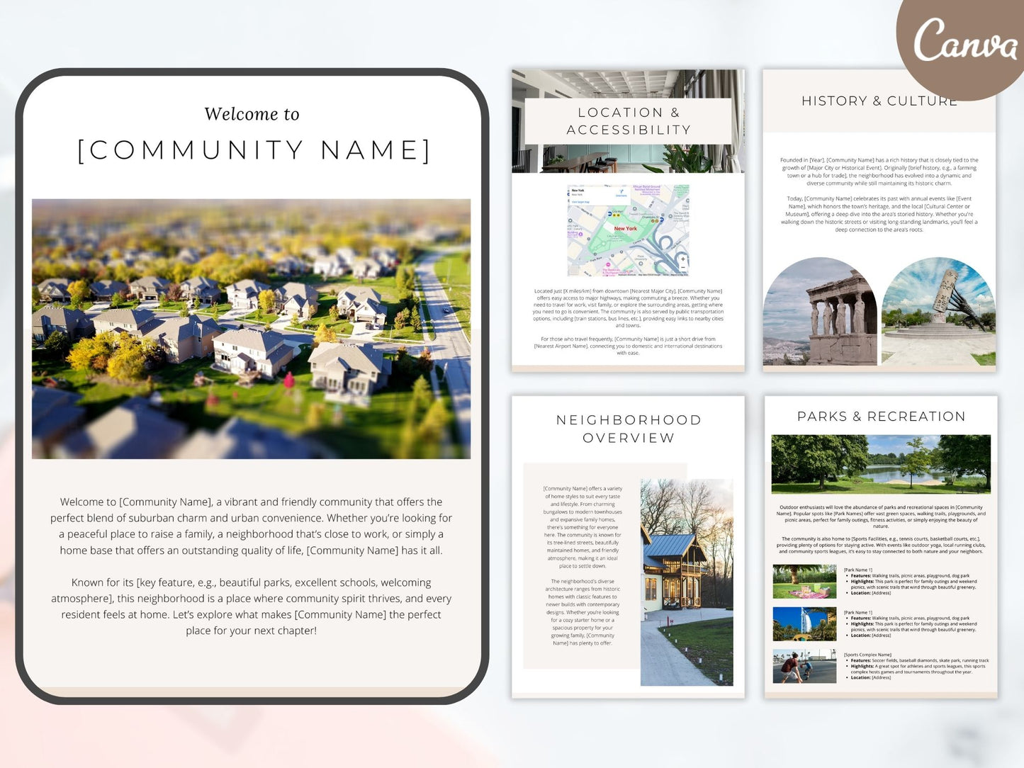 Minimal Community Guide template for real estate agents showcasing local amenities and
neighborhood highlights.