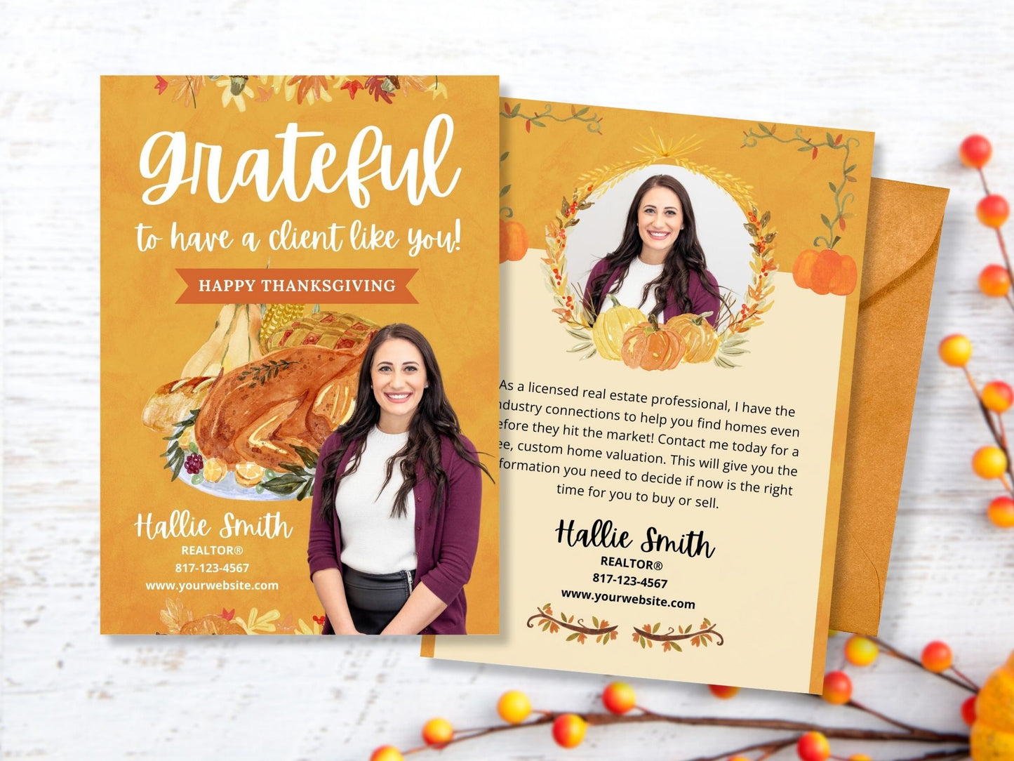 Real Estate Thanksgiving Mailer - Professionally crafted mailer with festive design and expressions of gratitude for a warm and personalized way to connect with clients and extend seasonal greetings