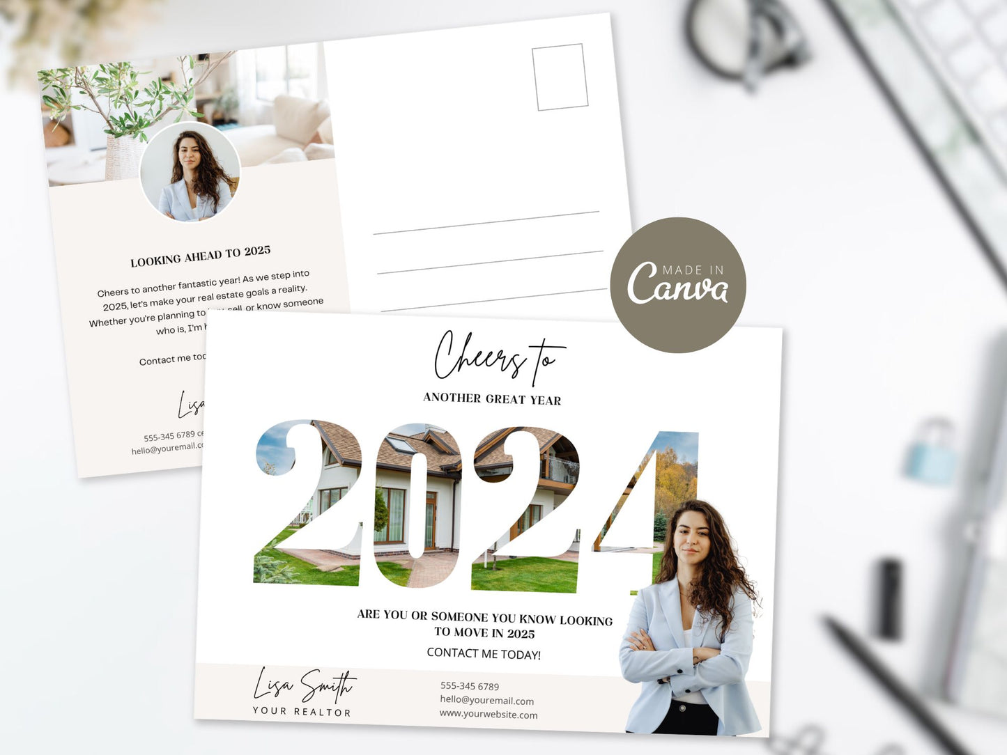 2024 Year in Review postcard showcasing real estate achievements and milestones in a 5x7 design.
