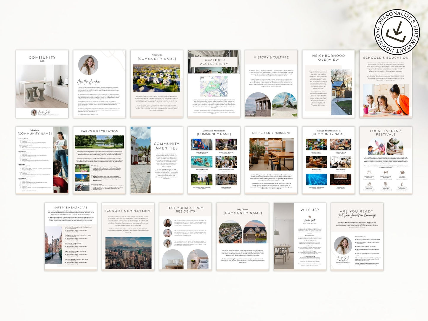 Minimal Community Guide template for real estate agents showcasing local amenities and
neighborhood highlights.